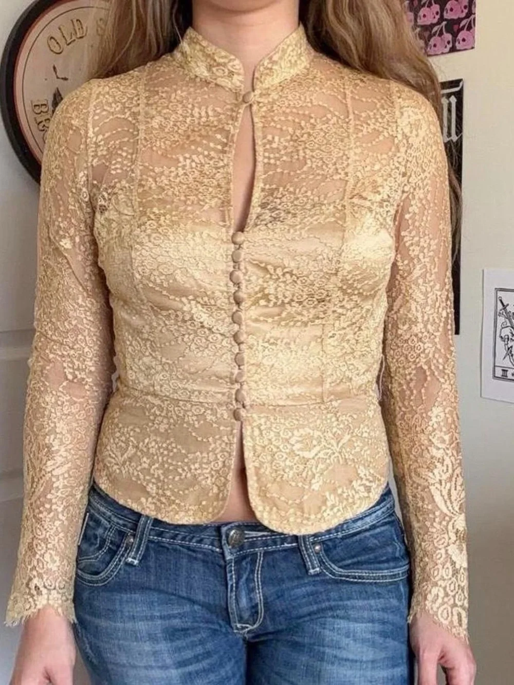 Gold Lace Long-Sleeve Button Front Women’s Top